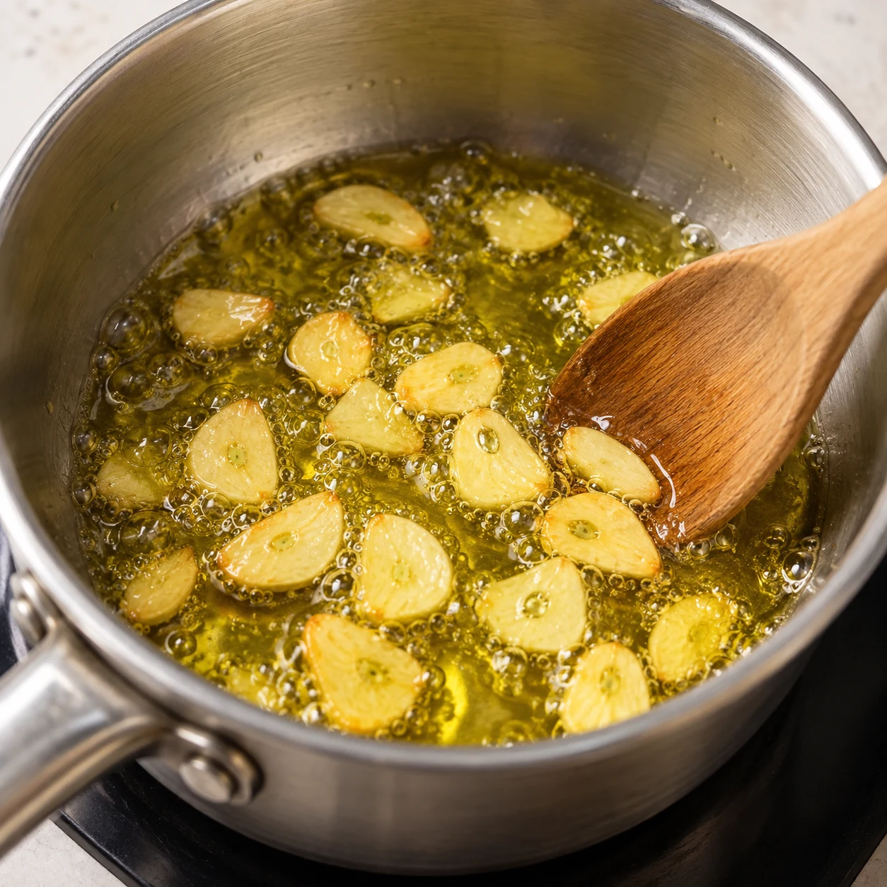 Lamelles d’ail à peine dorées dans l’huile d’olive qui frémit dans une petite casserole inox.
