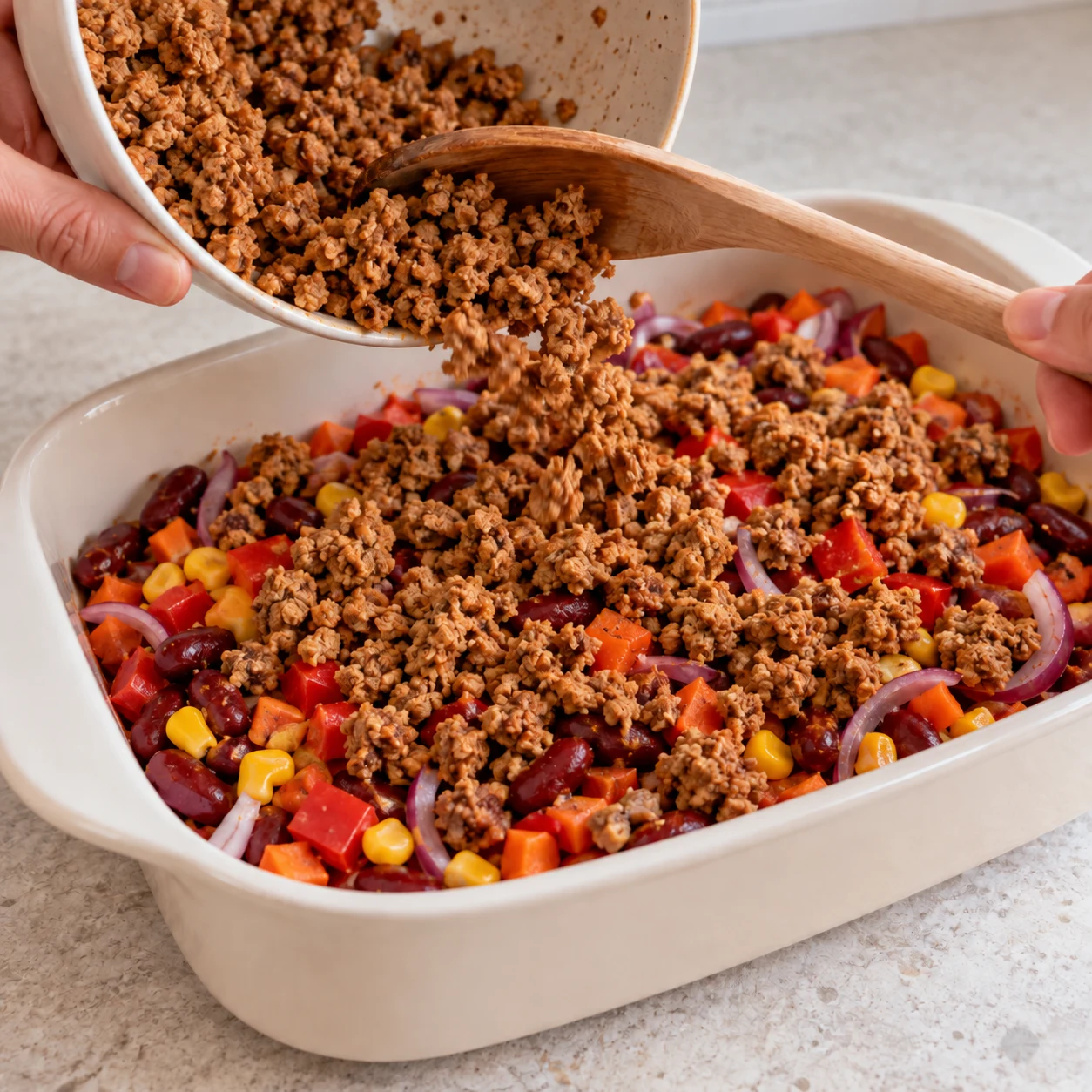 Répartissez les 300 g de haché végétal de soja cuisiné dans le plat. Son fabricant autorise l’incorporation avant la cuisson de la préparation.