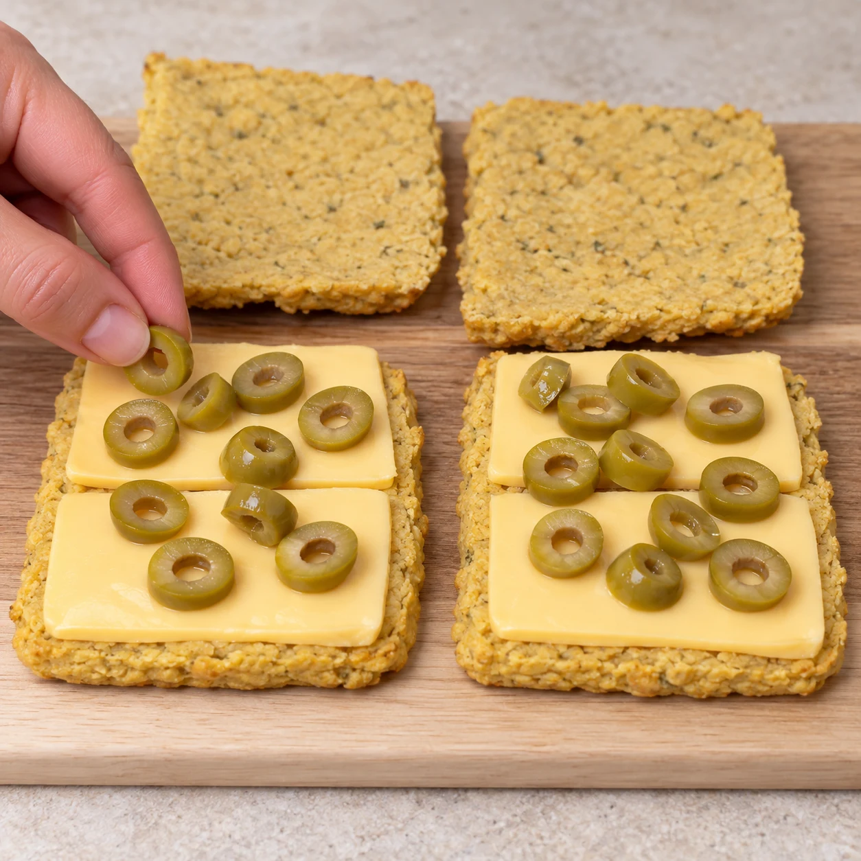 Répartir les rondelles d’olives vertes sur les bases garnies.