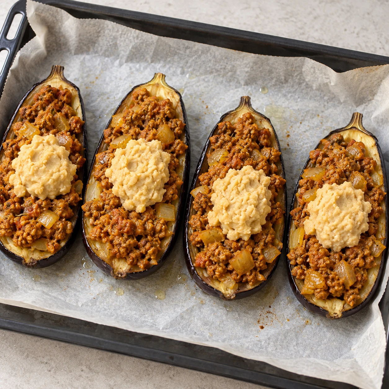 Répartissez la purée de pois chiches entre les quatre creux, soit 50 g par demi-aubergine.