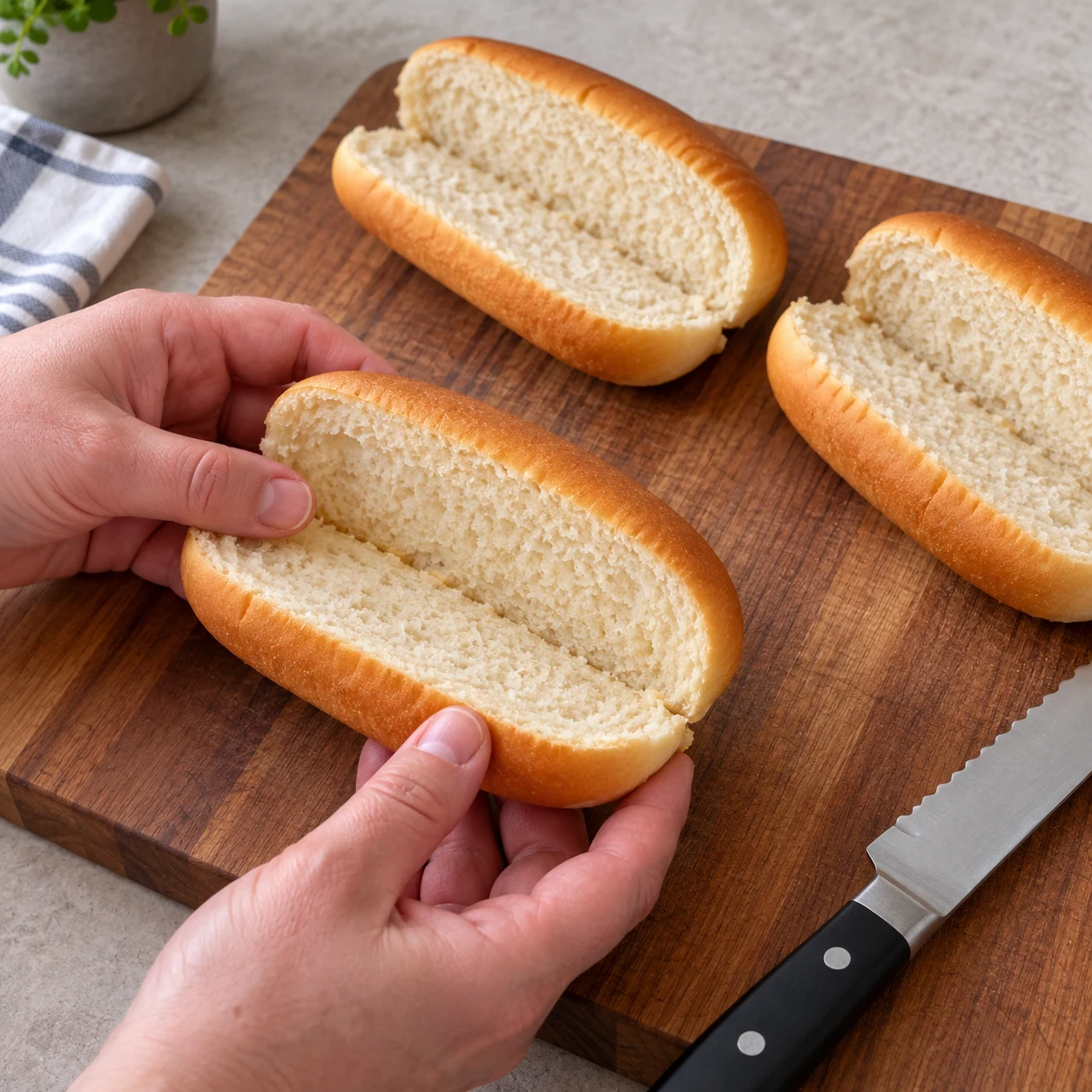 Ouvrir les pains : Chaque pain est ouvert et peut recevoir la garniture sans se séparer.