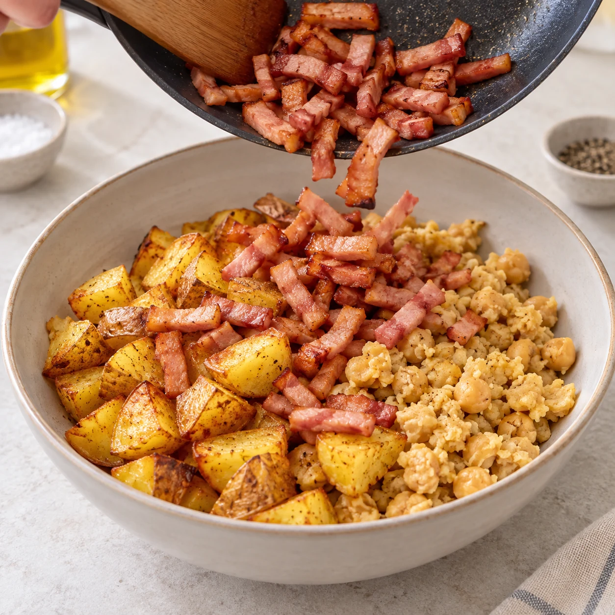 Main anonyme transférant des lardons végétaux fumés rosés et dorés sur des pommes de terre dorées et des pois chiches grossièrement écrasés dans un bol neutre.
