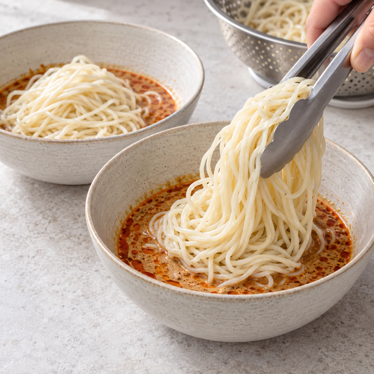 Répartis la sauce dans deux bols, puis dépose les nouilles égouttées dessus. Montrer uniquement les ingrédients de cette étape. Pour le haché : petites miettes de soja cuisiné rouge-brun à la tomate et aux oignons, légèrement humides, jamais viande ni tofu. Huile pimentée liquide sans gros morceaux de piment ; poivre noir moulu, aucune baie de Sichuan. Lumière naturelle claire, pierre pâle, vaisselle neutre, mains adultes anonymes seulement si nécessaires ; aucun texte, visage, vêtement, bijou ni identité de la personne.