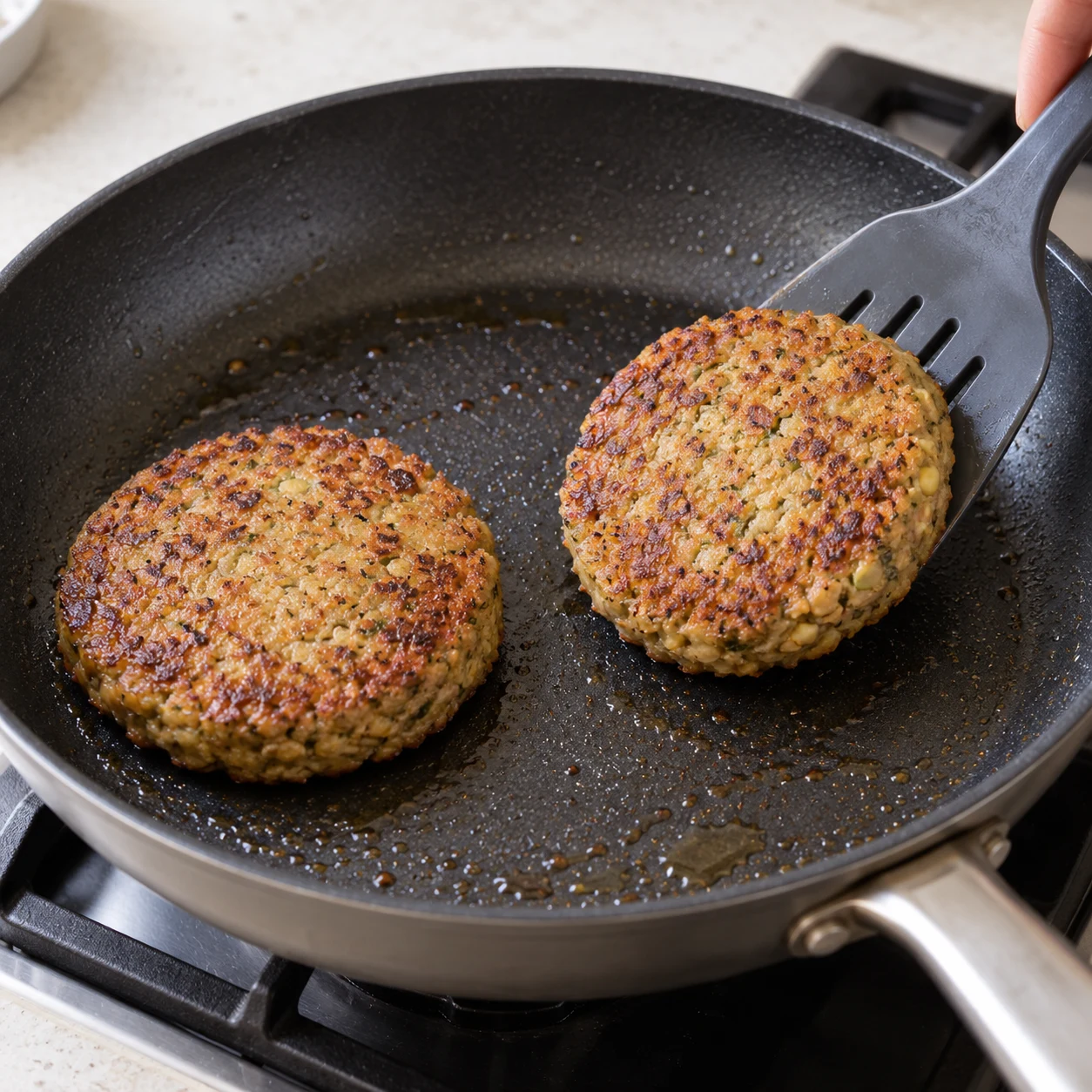 Photographie carrée de cette seule action ou son résultat : Cuire les steaks végétaux. Les steaks sont cuits à cœur et dorés des deux côtés. Seulement les ingrédients visibles de cette étape. La référence source contient du poulet : remplacer uniquement la protéine par les lamelles végétales de steaks pois et fèveroles. Aucun produit animal, texte ni personne identifiable.