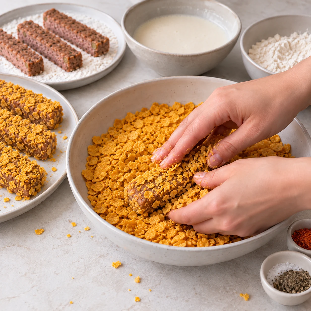 Mains anonymes pressant des éclats de corn flakes sur des morceaux larges de steak végétal brun rosé.