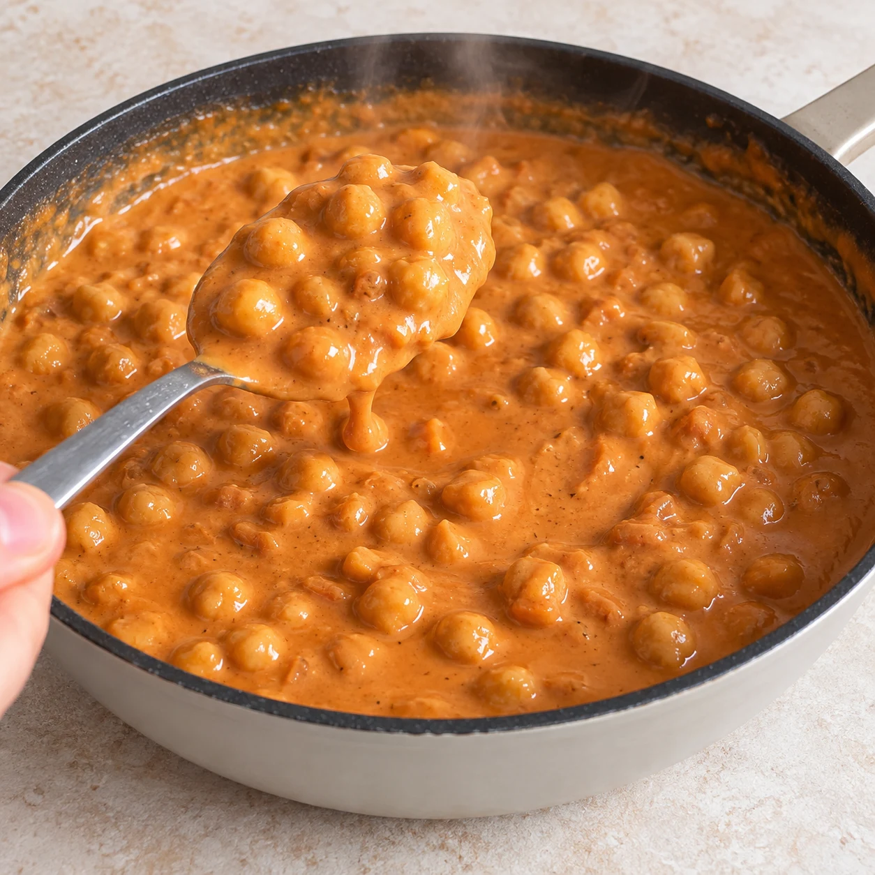 Laissez revenir le mélange pendant une dizaine de minutes, jusqu’à obtenir une sauce crémeuse qui enrobe les pois chiches. Une seule scène et une seule phase ; ne montrer que les ingrédients autorisés à cette étape.