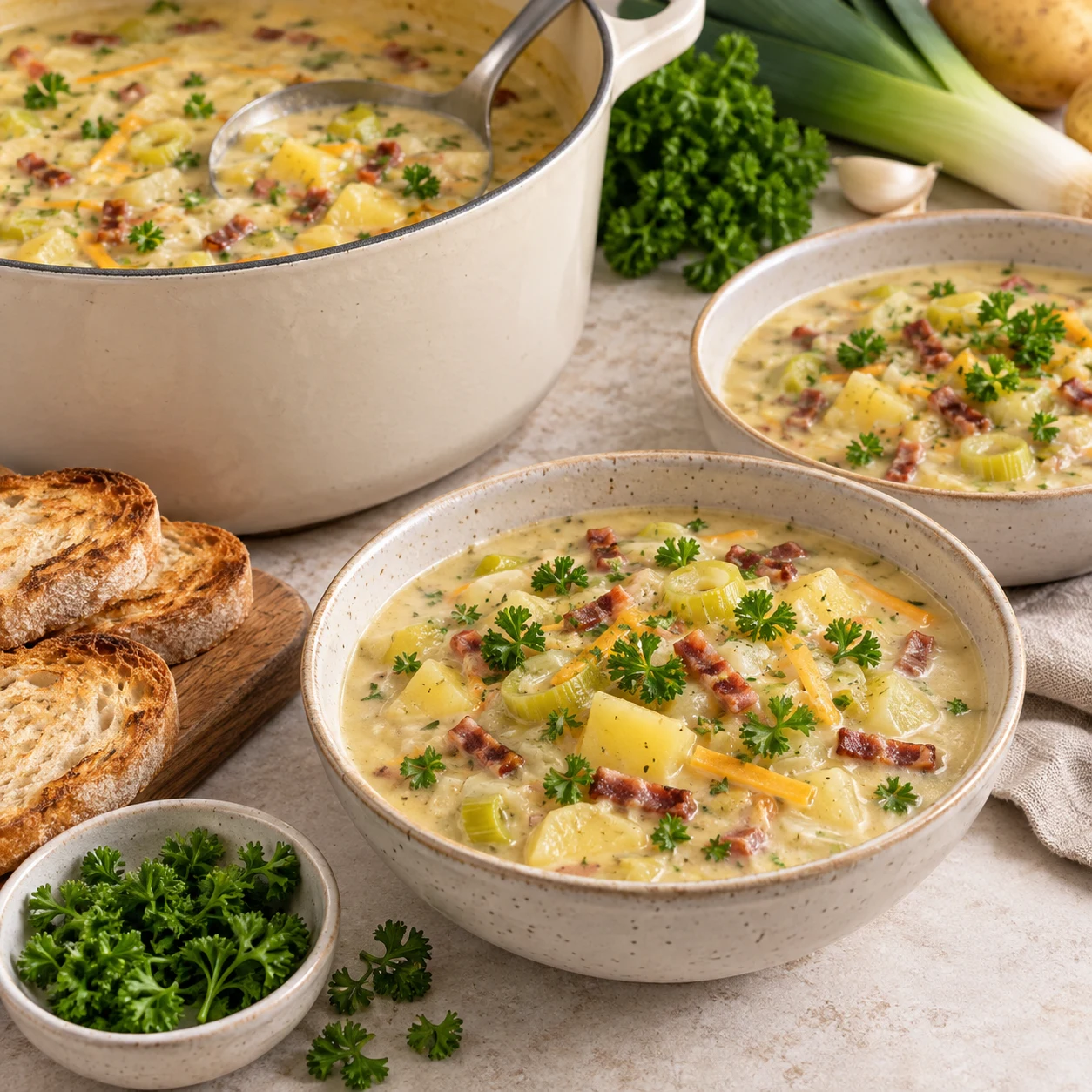 Photographie carrée de livre de recettes, une seule action : Servir bien chaud. Servez la soupe bien chaude avec les tranches de pain grillées. Ajoutez le persil pour le service, comme la petite garniture verte visible sur le plat final. État attendu : La soupe est chaude et crémeuse, avec des morceaux de pommes de terre, de poireaux et de lardons visibles. Montrer exclusivement Poireaux, Ail, Margarine végétale, Romarin frais, Boisson de soja nature, Crème de soja cuisine, Bouillon cube de légumes, Eau pour reconstituer le bouillon, Fécule de maïs, Eau pour diluer la fécule, Pommes de terre, Tranchettes végétales saveur cheddar, Lardons végétaux fumés, Pain en tranches, Persil frisé frais. Cocotte émaillée crème et plan de travail pierre pâle, lumière naturelle. Le bacon, le cheddar et les laitages de la capture source sont remplacés par les ingrédients végétaux documentés. Aucun texte, marque, bijoux, visage, corps ou identité de la personne.