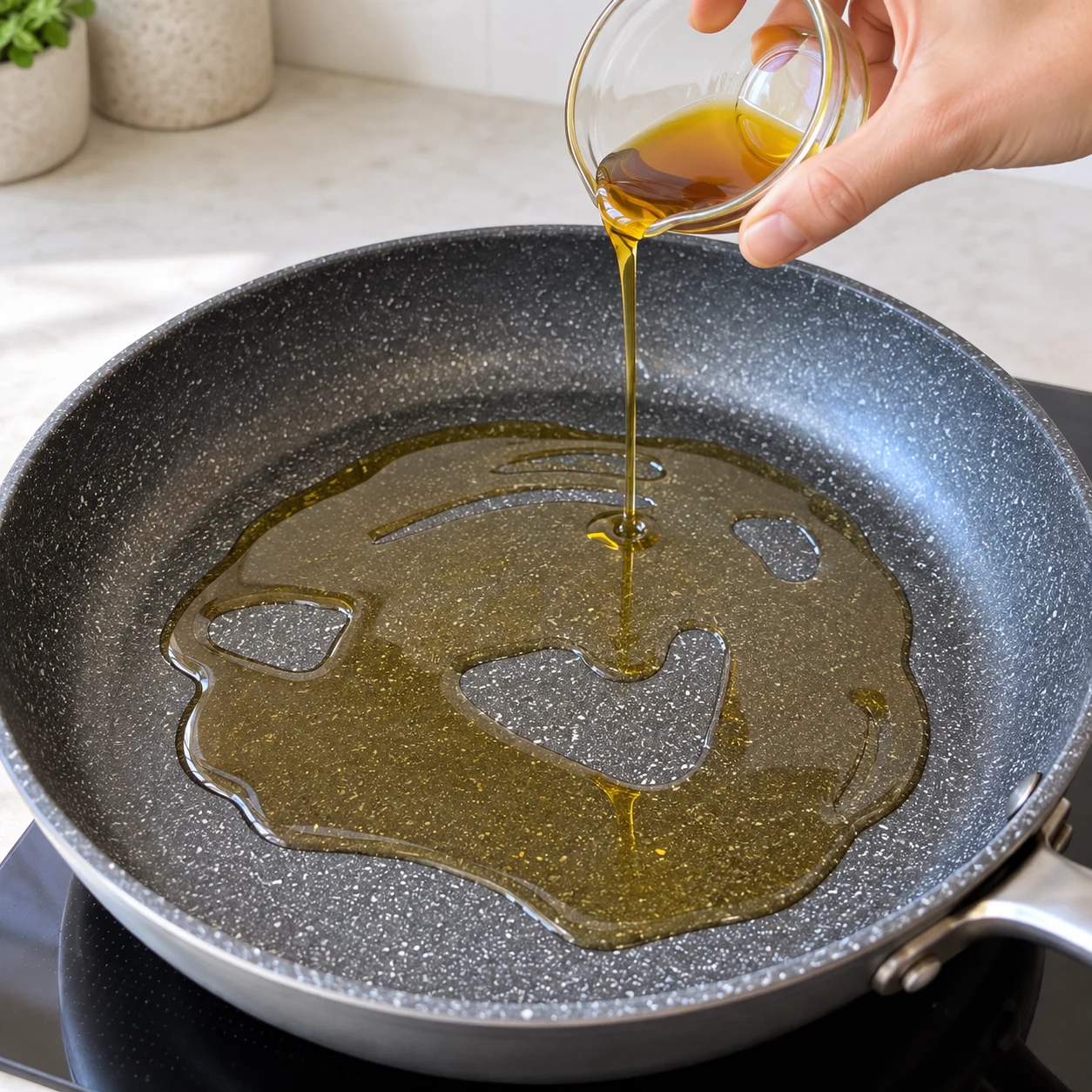Filet d’huile de sésame dans une poêle vide, aucune nourriture.
