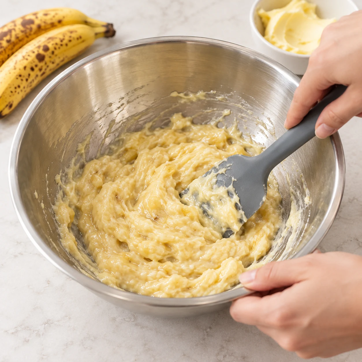 Une maryse mélange la purée de banane et une matière grasse végétale pâle.