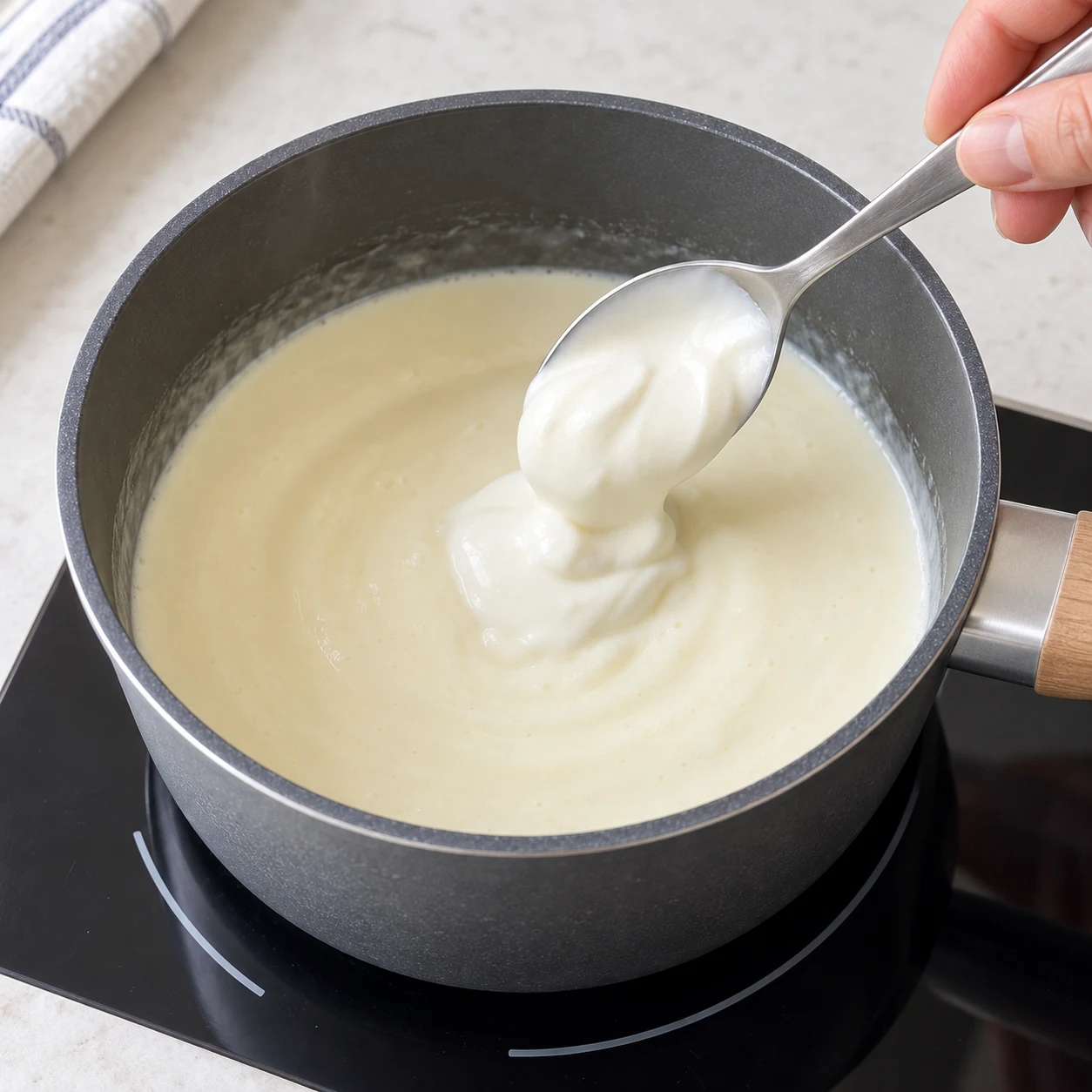 Casserole contenant une crème végétale blanche et de la margarine en cours de fonte, cuillère ajoutant le yaourt de soja nature.
