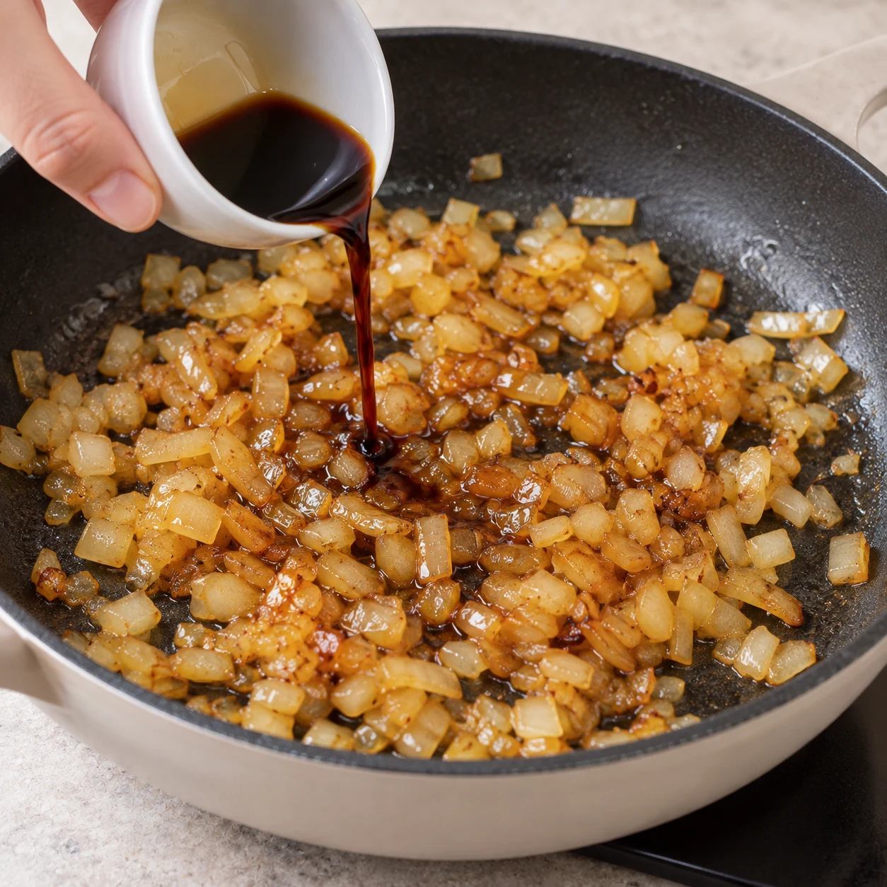 Sauce soja versée sur oignons revenus dans la poêle.