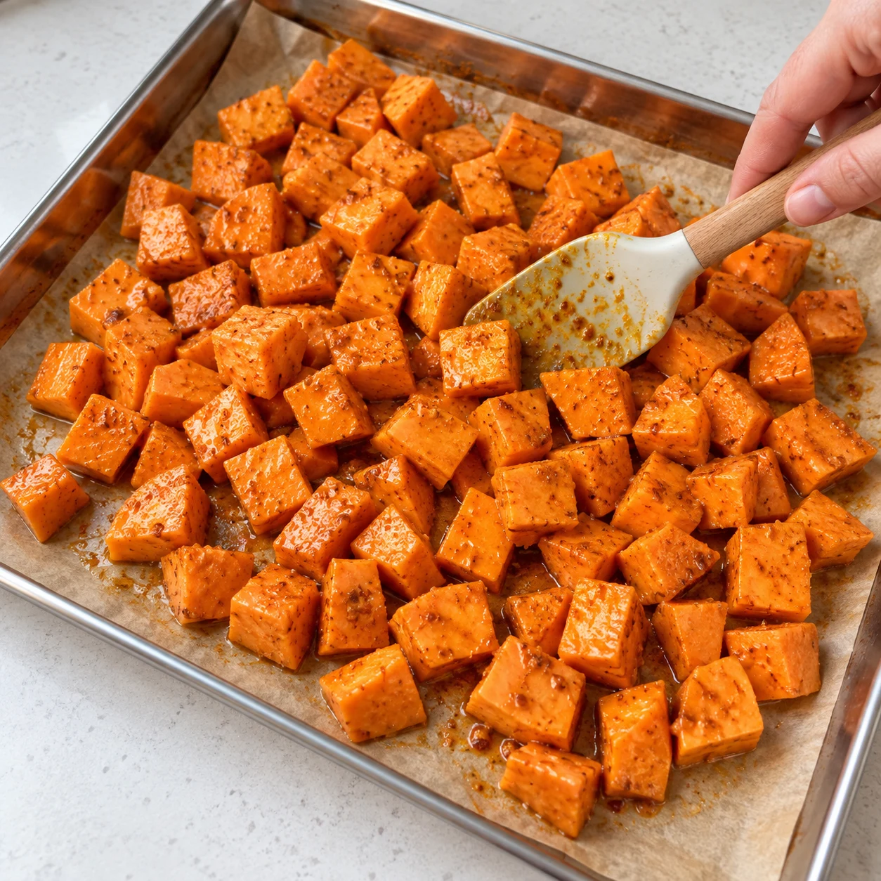 Marinade orangée versée sur des cubes crus orange dans une plaque métallique tapissée de papier cuisson.