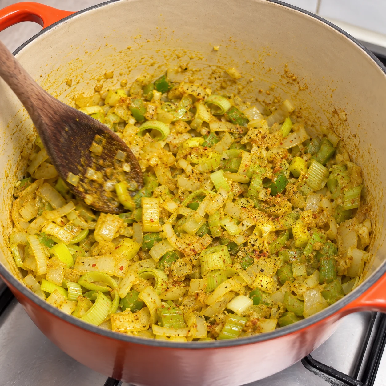 Une seule photo montrant les légumes revenus dans une cocotte avec les deux doses de curry, huile et assaisonnements. Même stade que la source, mélange jaune de curry; aucun garam masala.