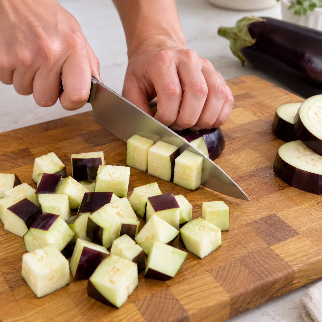 Cubes d’aubergine à chair claire et peau violette sur une planche en bois, couteau de chef et main adulte anonyme.