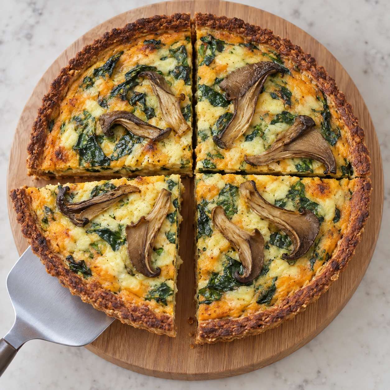 Une part de quiche sur pelle, fond orange et garniture végétale aux pleurotes.