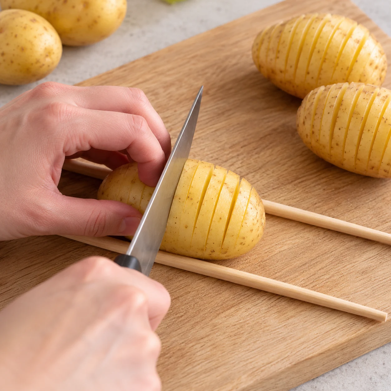 Coupe transversale sûre d’une pomme de terre entre deux baguettes, base intacte.