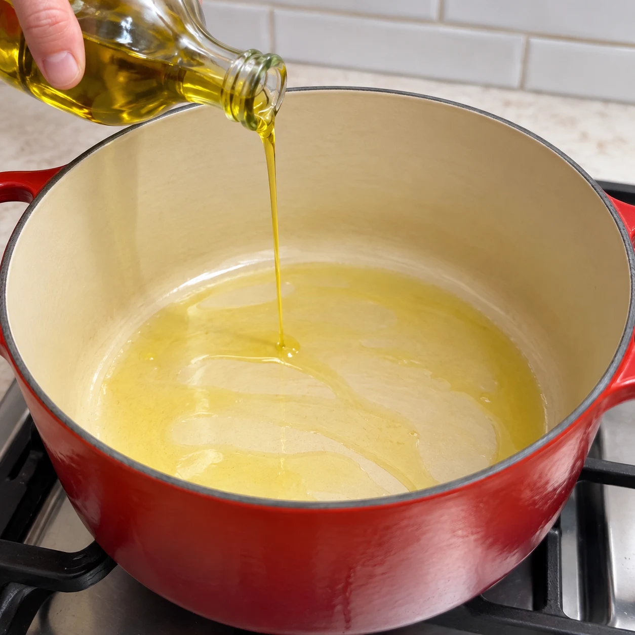 Une seule photo réaliste montrant cette action et son résultat : Versez de l’huile d’olive dans la cocotte bien chaude. L’huile recouvre le fond de la cocotte sans fumer. Seulement les ingrédients visibles de cette étape. Mains adultes anonymes si nécessaires, geste sûr.