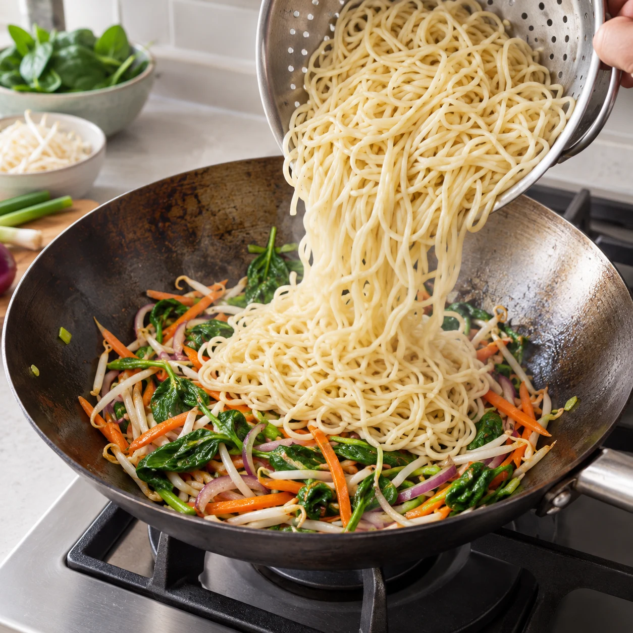 Ajouter les nouilles — Les nouilles égouttées sont dans le wok avec les légumes.