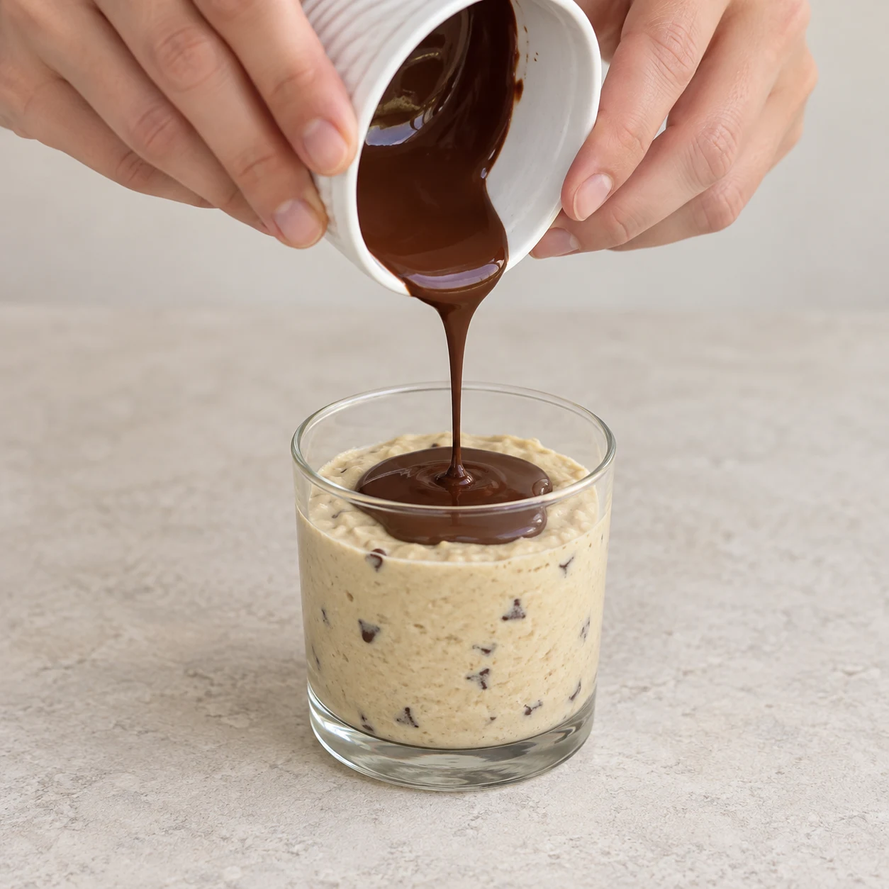 Chocolat noir fluide versé depuis un petit bol sur la pâte beige à pépites dans un verre.