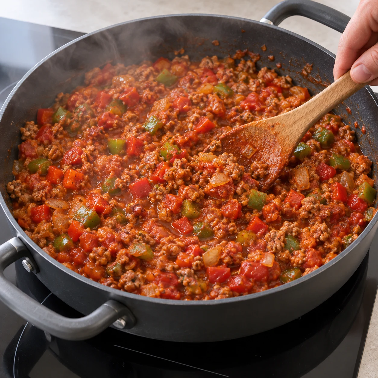 Cuire la farce. La sauce est rouge, les légumes sont tendres et la farce reste assez humide pour imprégner les pains.