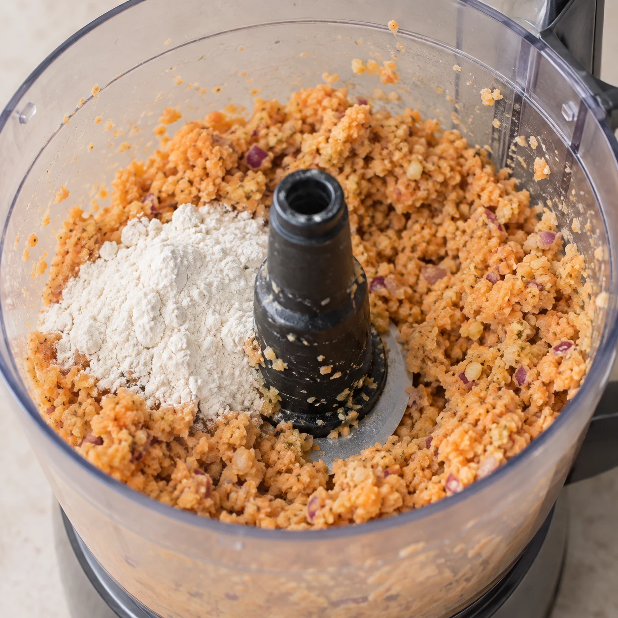 Mixer avec la farine : Incorporez les 30 g de farine de blé T65 à la pâte en la mixant de nouveau dans le robot. Résultat visible : La farine n’est plus visible en poudre et la pâte reste granuleuse et façonnable. Une seule photo carrée de cette phase exacte ; aucun dip, garniture ou ingrédient futur.