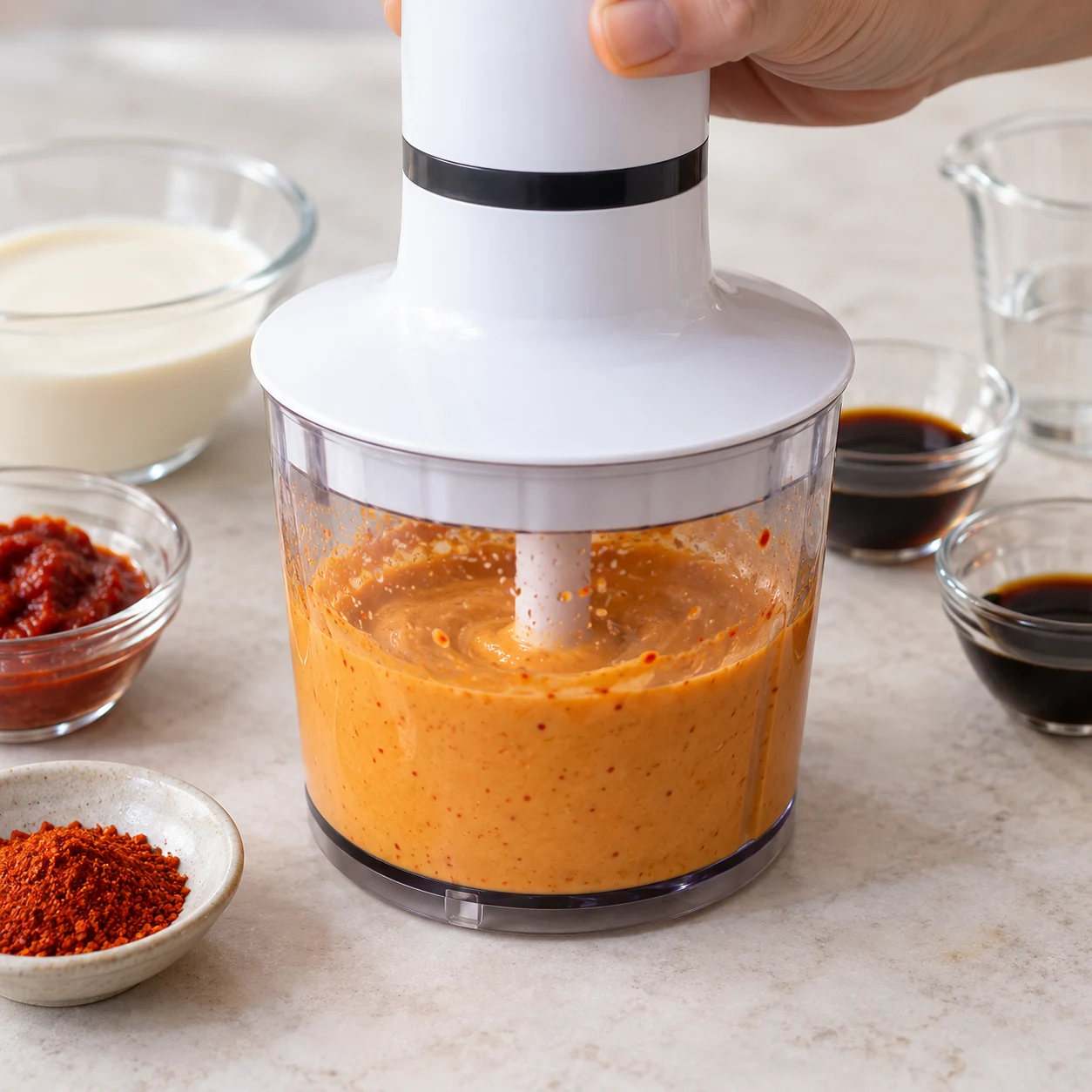 Mixer la sauce pimentée : La sauce est homogène et suffisamment fluide pour napper les nouilles.