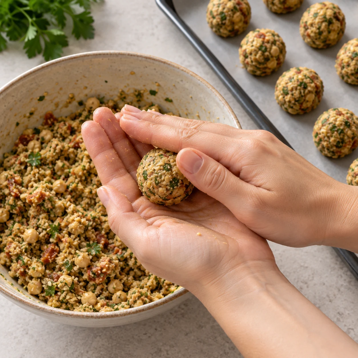 Une seule phase : Façonnez 12 boulettes de taille régulière en roulant le mélange entre vos mains. État attendu : Les 12 boulettes sont compactes et de taille comparable. Sans texte, sans personne identifiable, uniquement les ingrédients de cette étape.