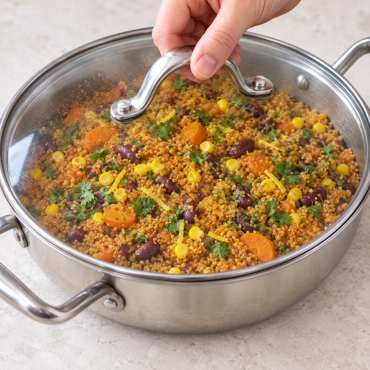 Sauteuse hors feu couverte contenant le quinoa terminé avec maïs et coriandre.