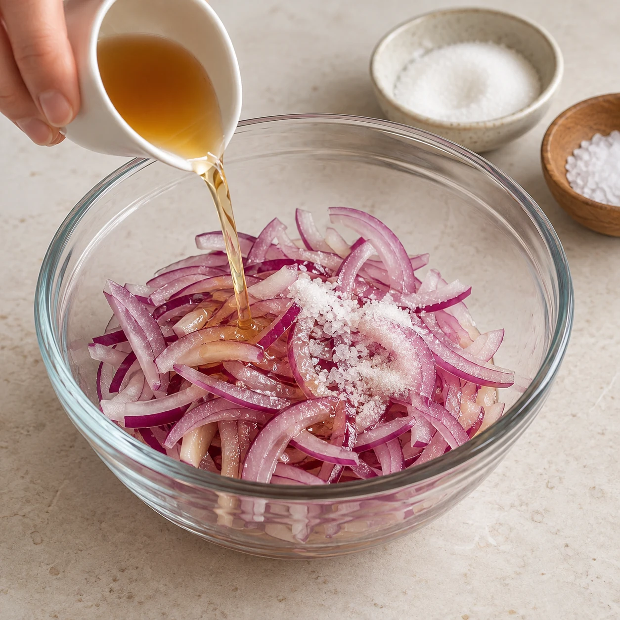 Assaisonner l’oignon : Les lamelles sont mouillées de vinaigre et saupoudrées de sucre et de sel.