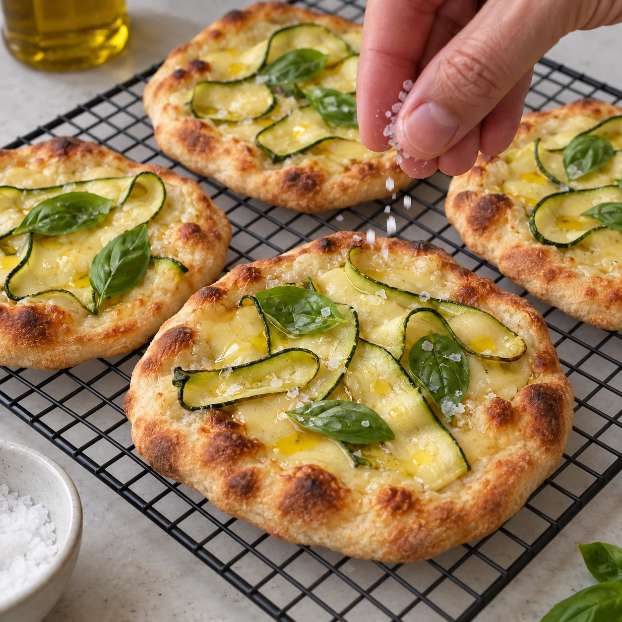 Main ajoutant une pincée de fleur de sel sur pizzette cuite, basilic et courgette.