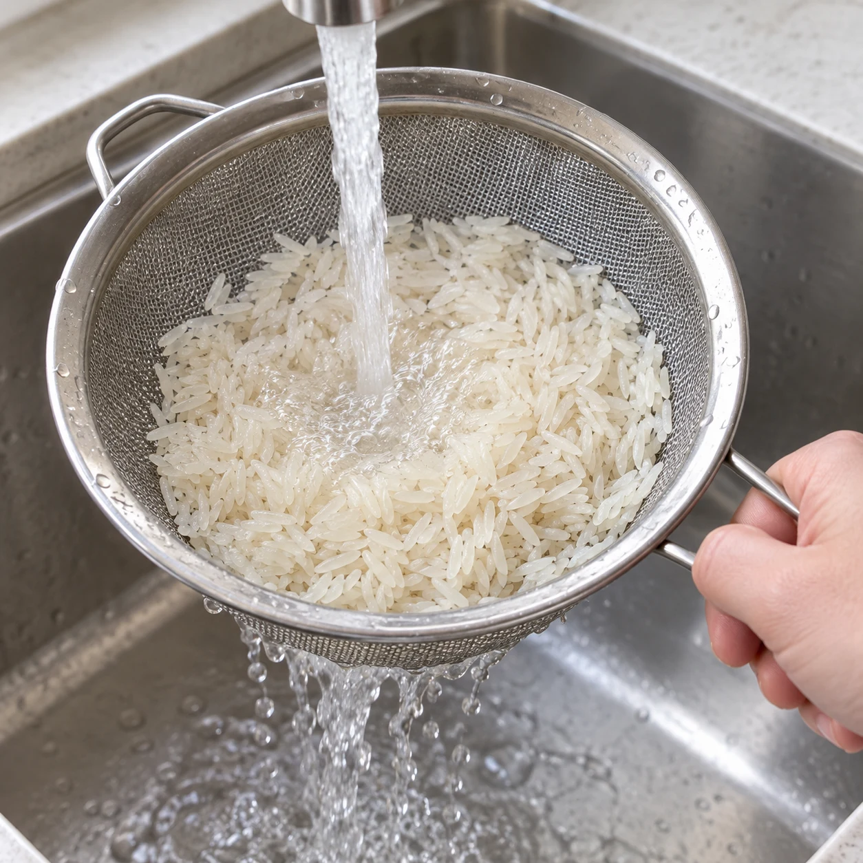Rinçage de riz cru dans une passoire sous un filet d’eau.