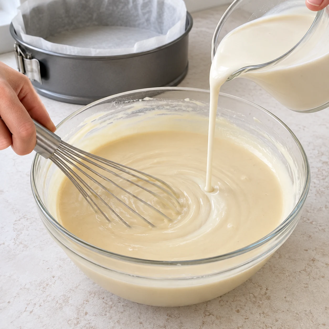 Un mince filet de crème végétale est incorporé à la pâte beige clair avec un fouet.