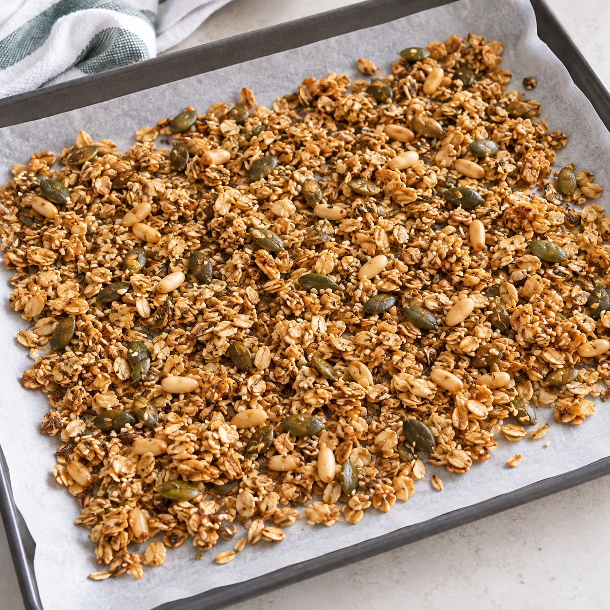 Étale le granola sur une feuille de papier cuisson pour le laisser refroidir. Ne montrer que le granola, aucune tomate ni base blanche. Geste décrit par la recette d’origine, non filmé.