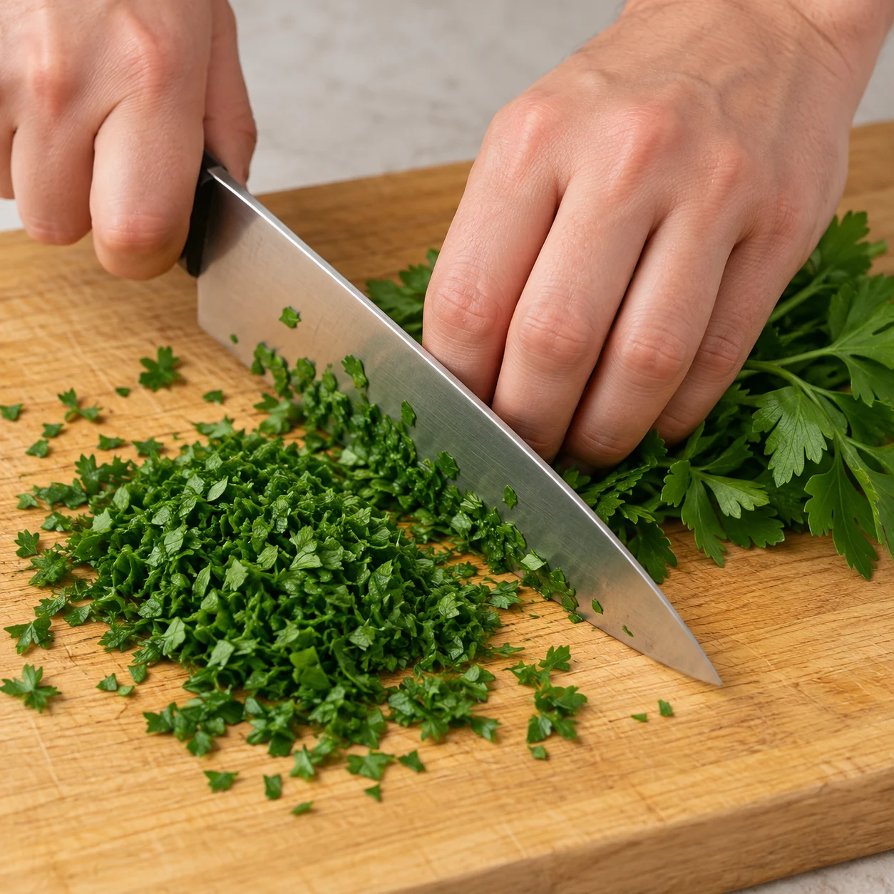 Hachage actif de persil plat sur une planche stable.