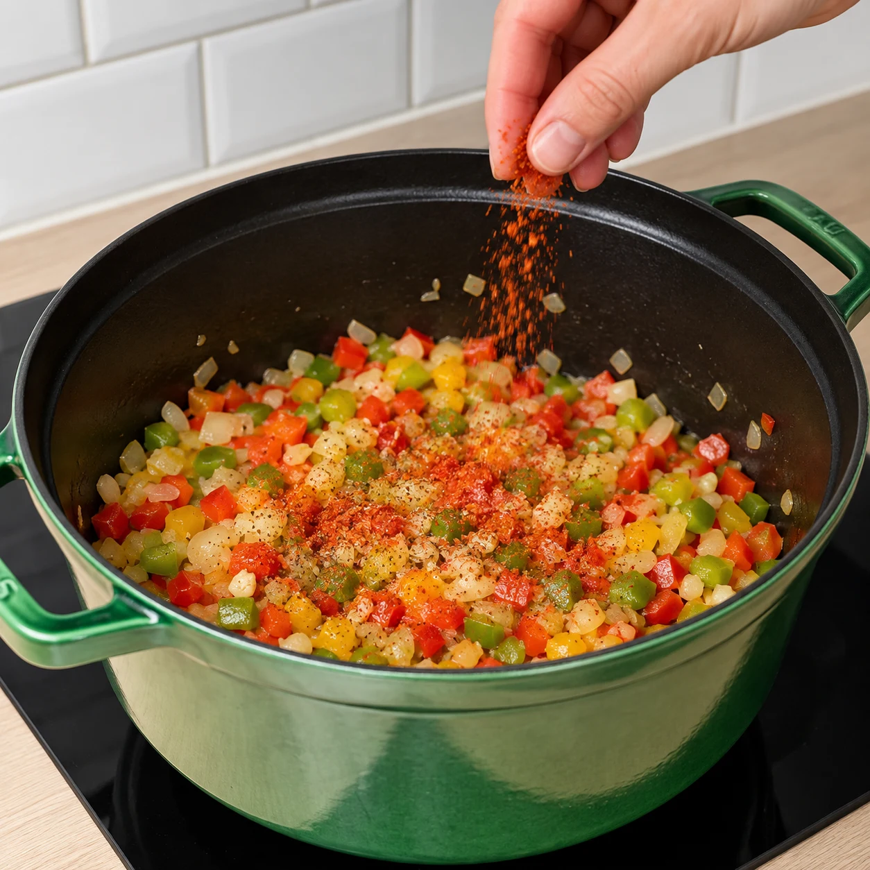 Pincée de piment rouge sur les petits dés de légumes dans la cocotte, sans préparation végétale.