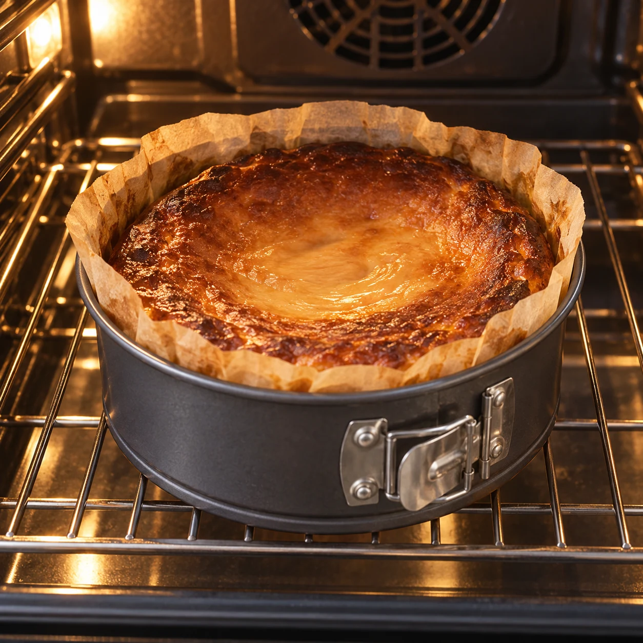 Le cheesecake présente une croûte brune et un centre encore souple dans son moule chemisé.