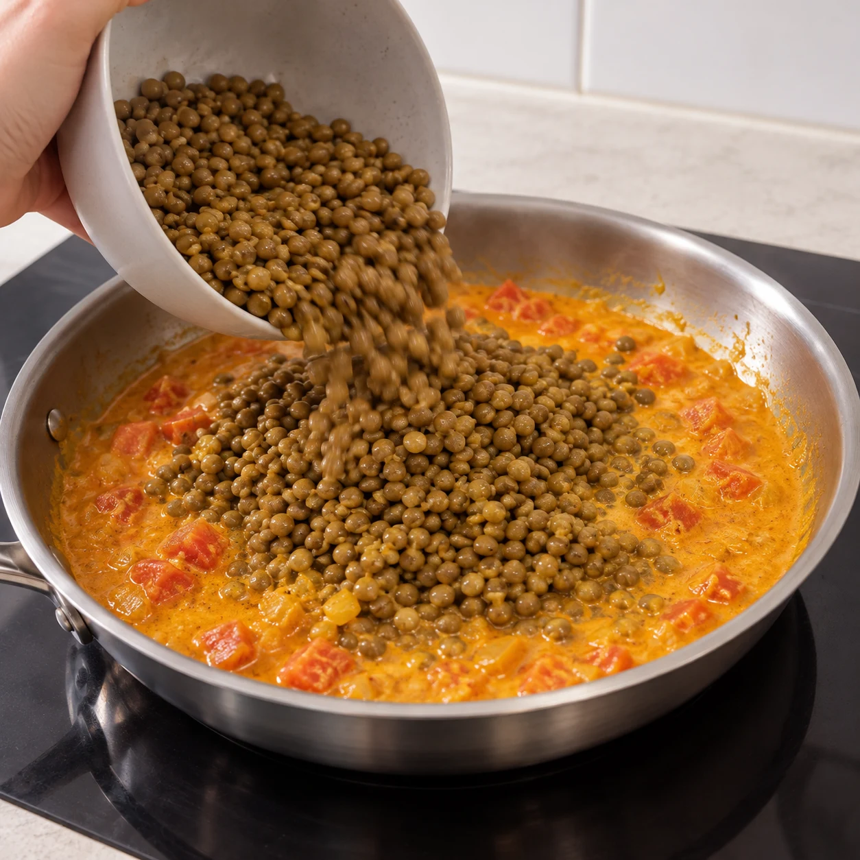 Ajoute les 500 g de lentilles rincées et égouttées dans la poêle. Montrer : Les lentilles sont réparties dans la sauce tomate et coco. Aucun poisson.