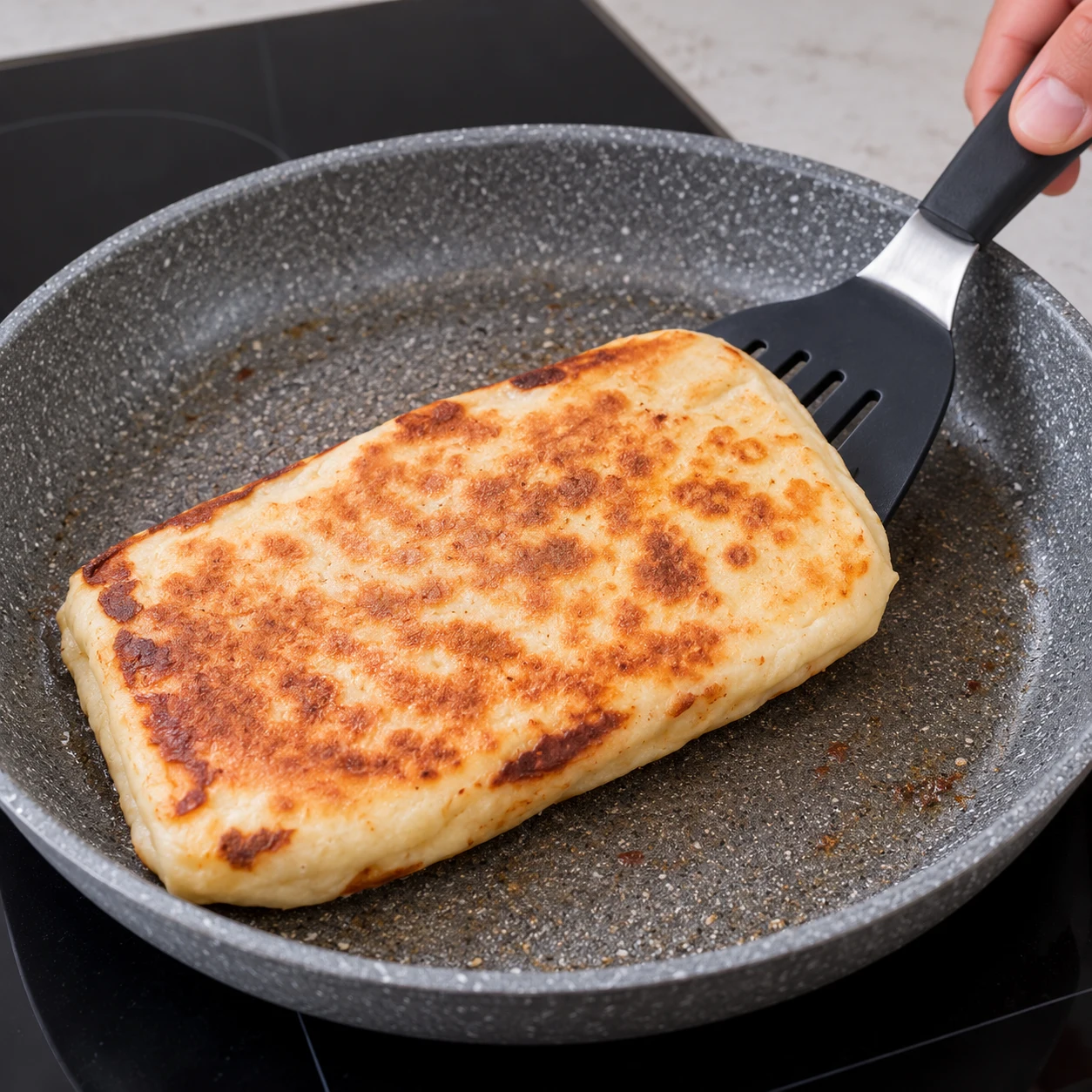 Une spatule retourne un panini fermé et doré dans une poêle antiadhésive.