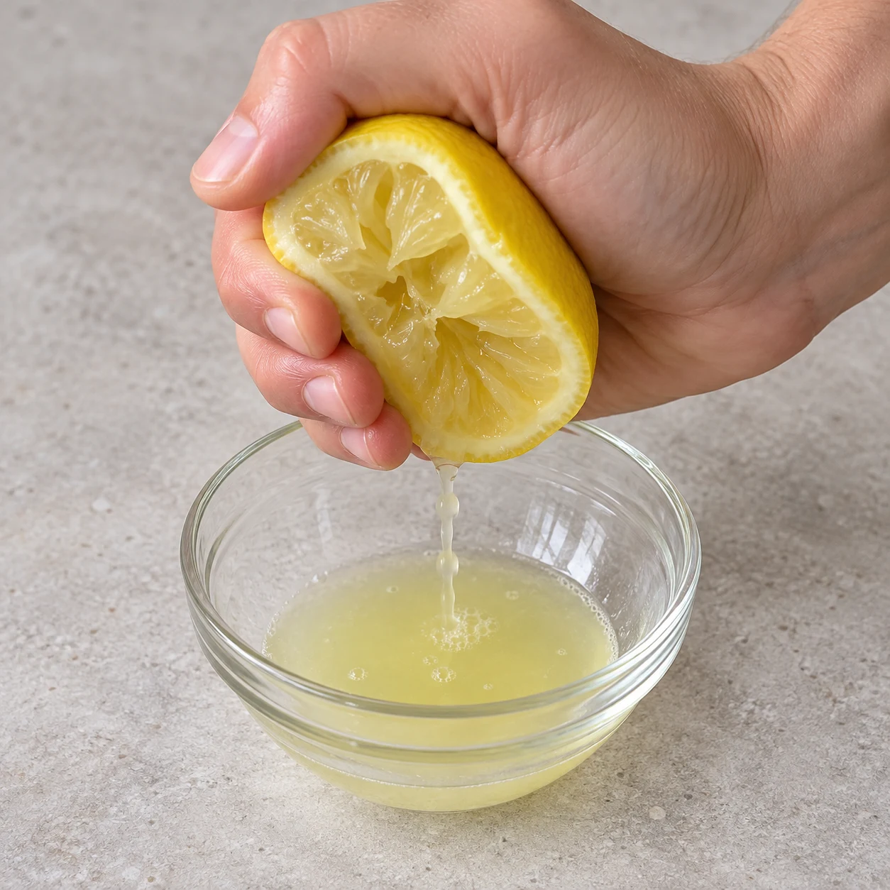 Presser le citron. Le jus du demi-citron est recueilli sans pépins.