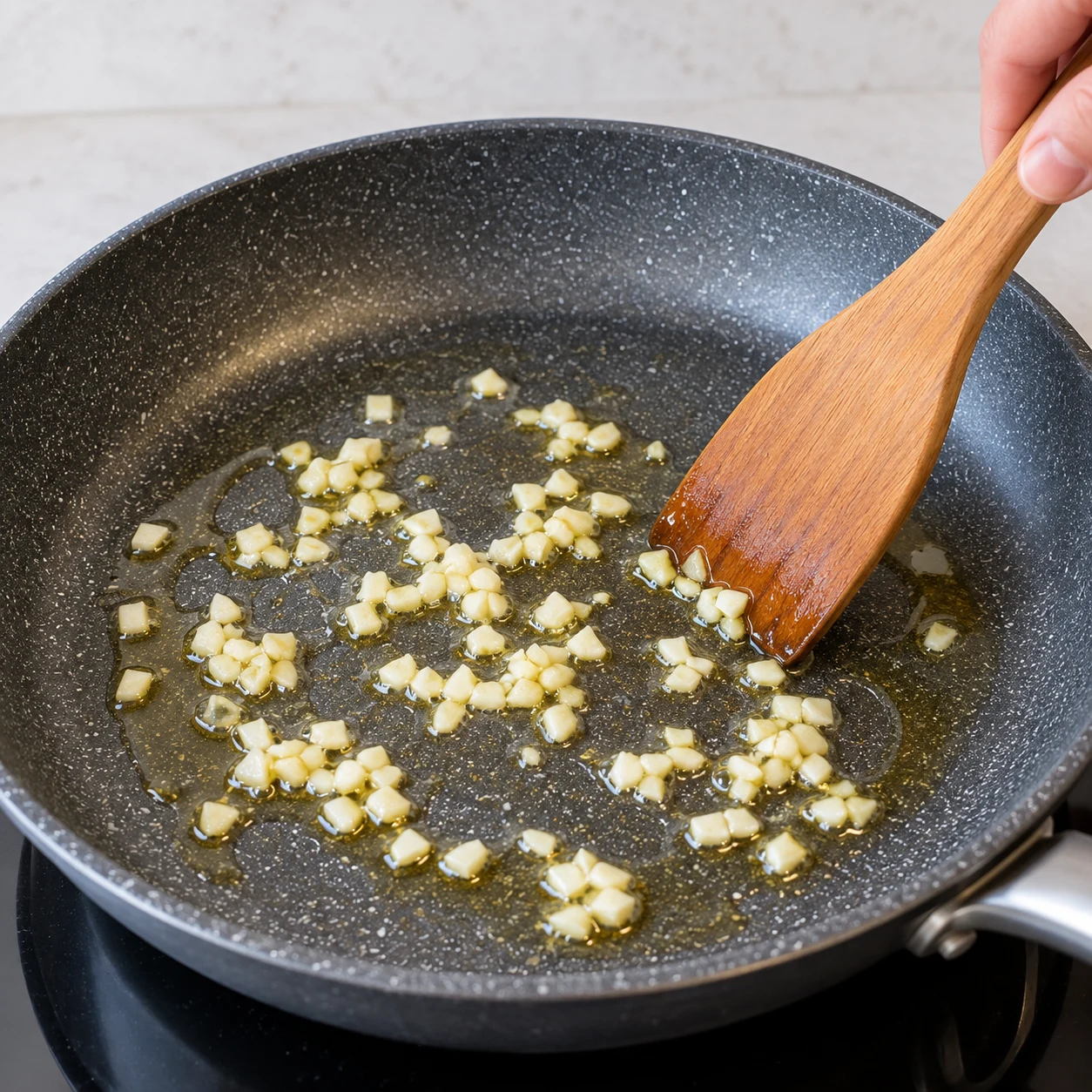 Petits dés d’ail déposés dans la poêle huilée, sans brocoli ni riz.