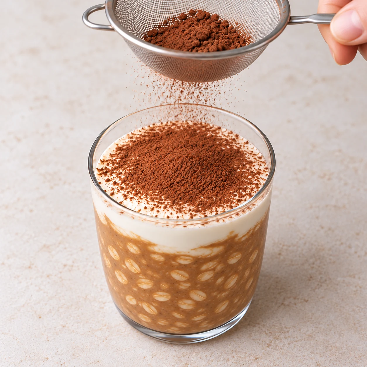 Une passoire fine tenue au-dessus du verre saupoudre un voile de cacao sur le yaourt blanc, sans biscuit visible.