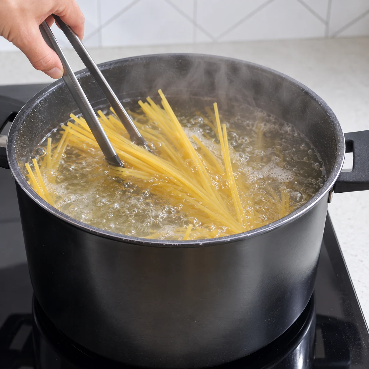 Spaghetti dans une grande casserole d’eau bouillante, sans pesto ; pince tenue au-dessus de la vapeur.