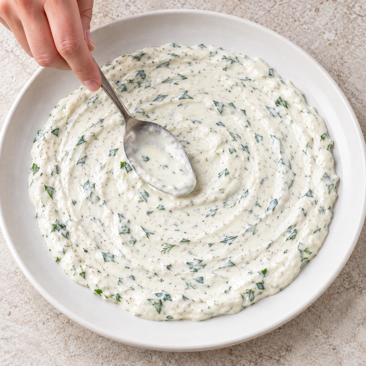 Une seule photo de l’action « Étaler la sauce », la sauce forme une couche au fond de l’assiette.