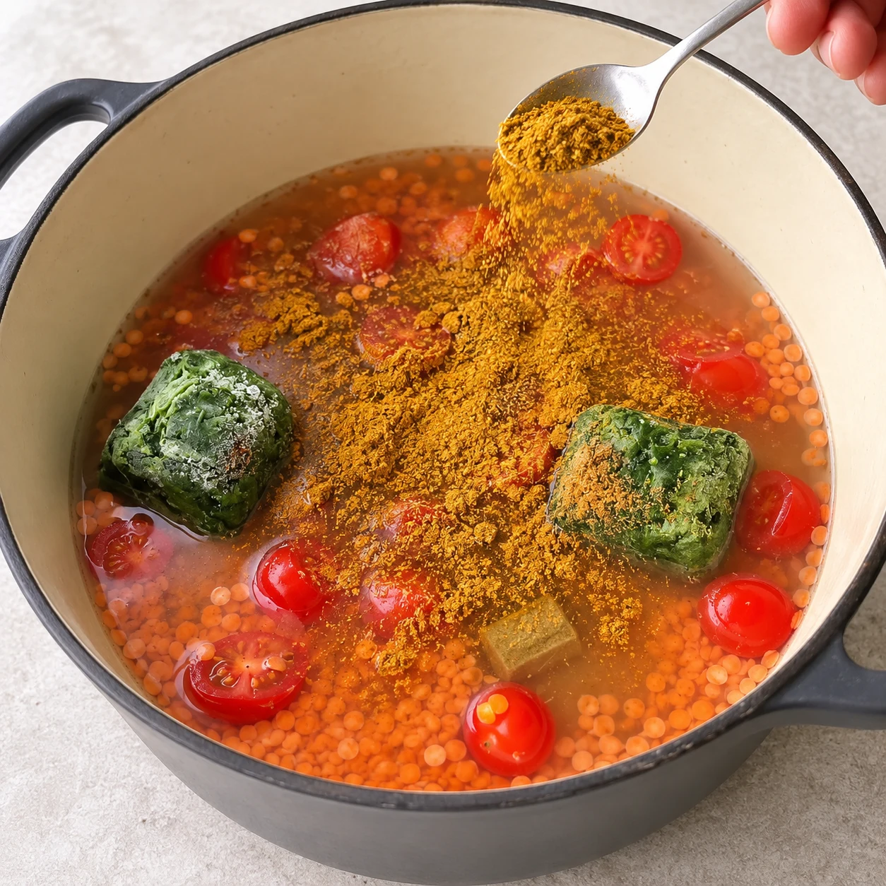Curry brun doré saupoudré sur l’eau et les ingrédients crus du faitout ; des lentilles orange, moitiés de tomates rouges et blocs verts d’épinards surgelés sont encore reconnaissables.