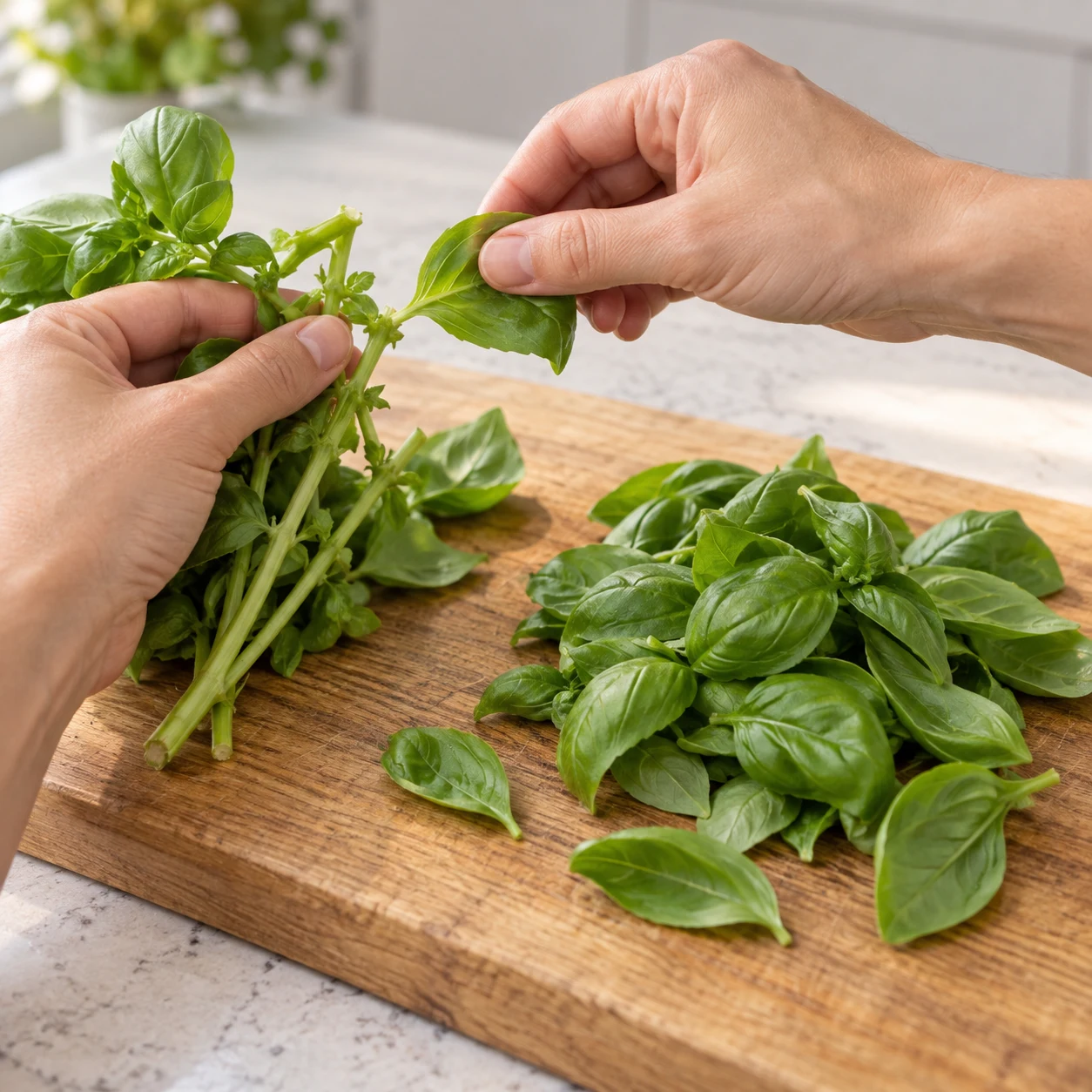 Deux mains anonymes détachant les feuilles vertes du basilic sur une planche stable.