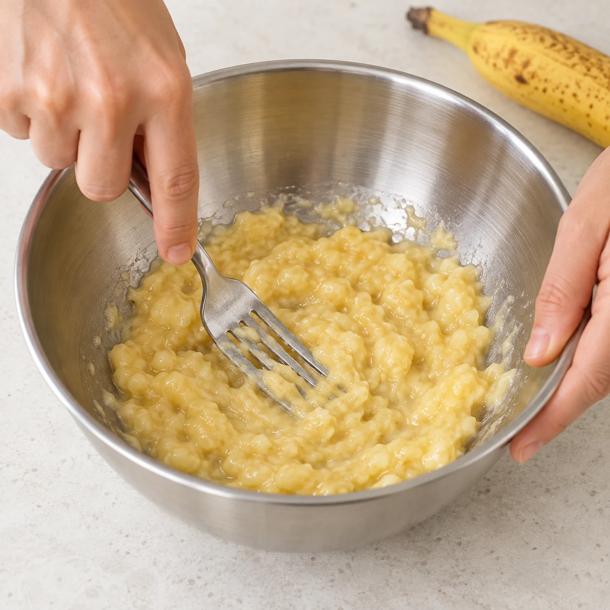 Une fourchette écrase la banane jaune tendre dans un saladier en acier.