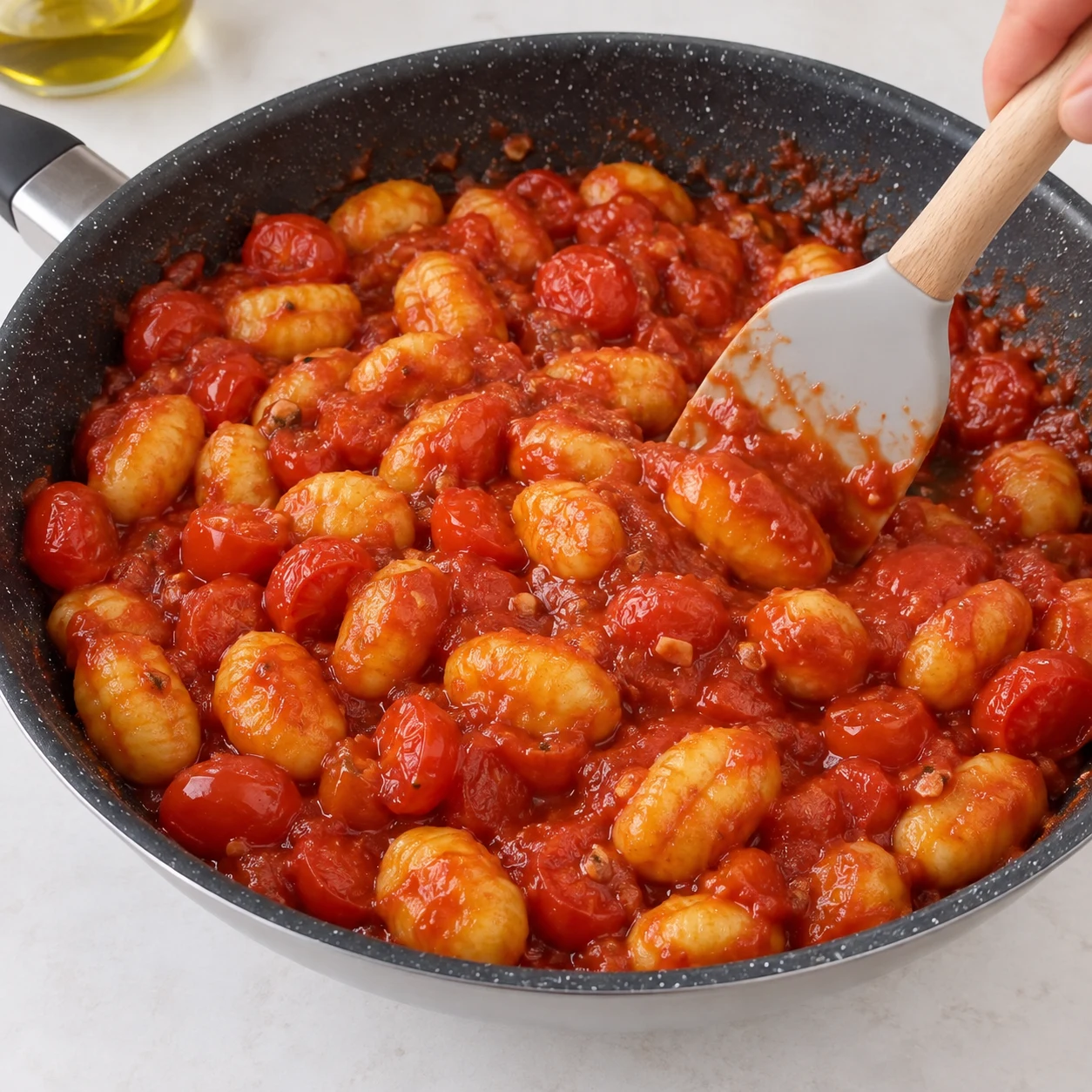 Spatule mélangeant la sauce rouge avec les gnocchis, aucune crème.