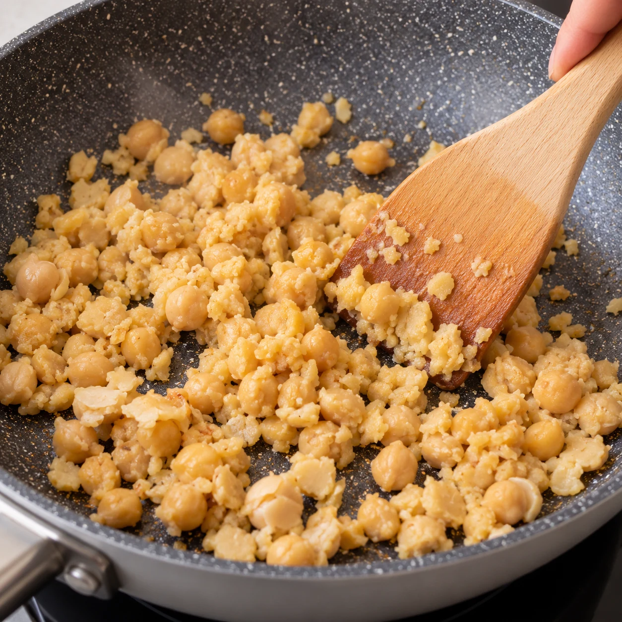 Gros plan serré sur la zone libre de la sauteuse : une spatule réchauffe uniquement les petits morceaux beige irréguliers de pois chiches cuits grossièrement écrasés. Le riz déplacé sur l’autre côté reste hors cadrage. Montrer les pois chiches chauds, sans liquide libre ; pas de purée homogène, tofu ou œuf. Une seule action.