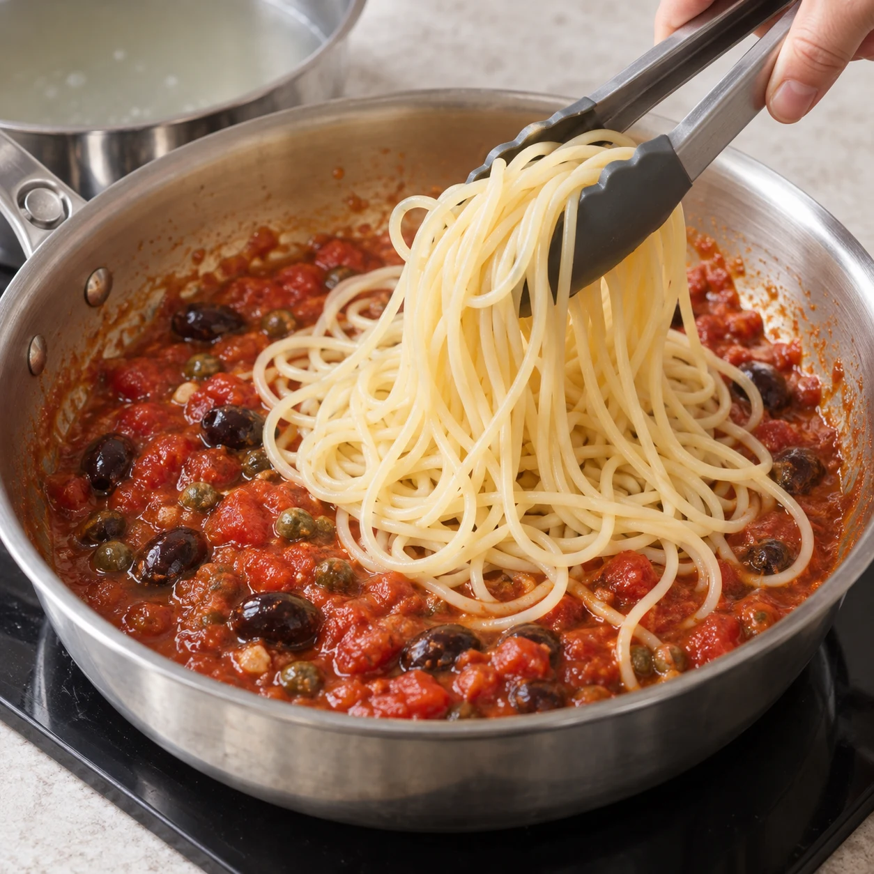 Spaghetti pâles déposés dans la poêle de sauce tomate aux olives.