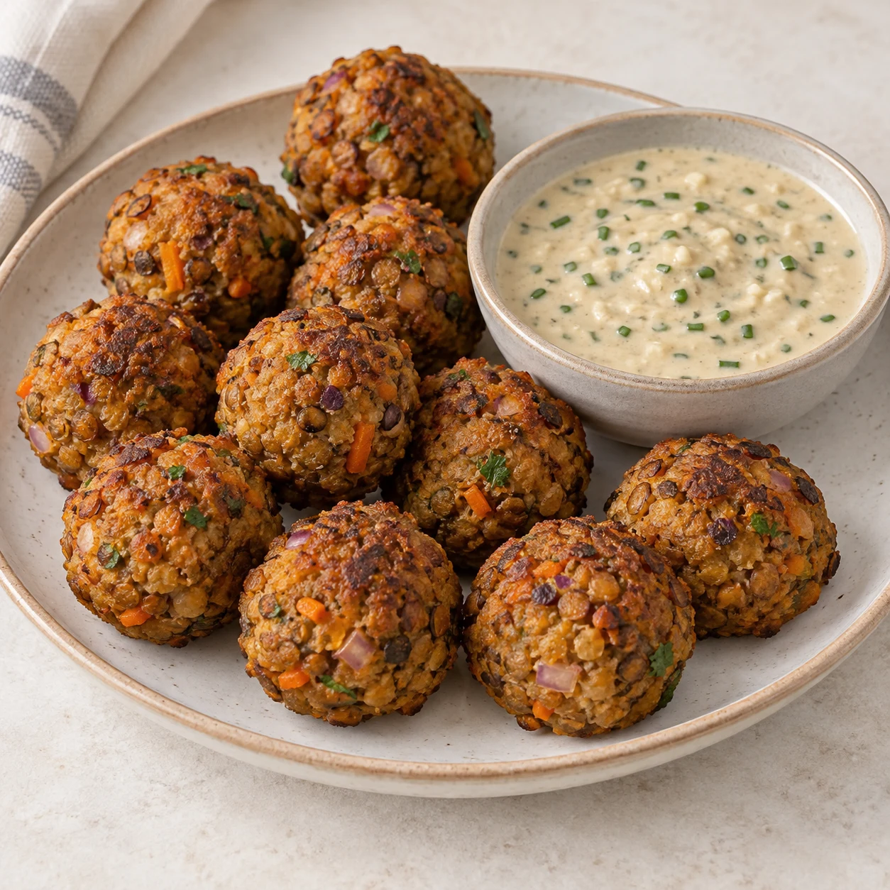 Boulettes dorées rustiques avec des fragments de carotte, lentilles et persil, petit bol de sauce au tahini à l’ail et ciboulette ; aucun décor comestible ajouté.